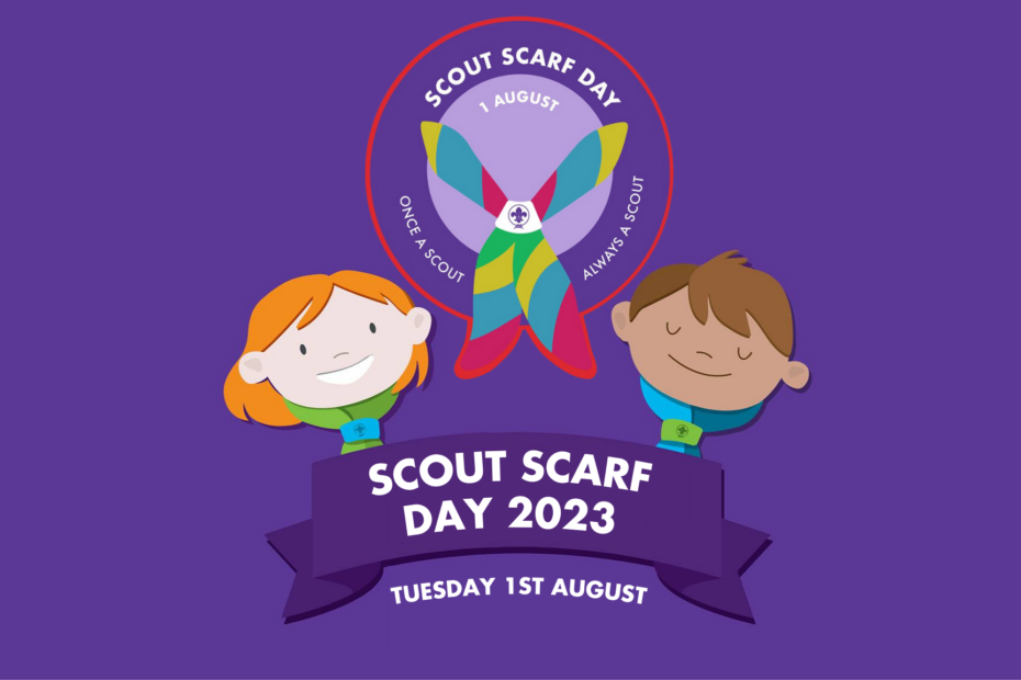Purple banner with two young faces wearing scouts scarfs with the 2023 scarf day badge above them